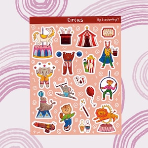Hoja de pegatinas de circo, malabarista, trapecista, animales de circo, hoja de pegatinas de circo, diario de balas