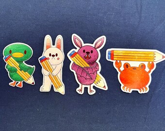 Sticker back to school, animals with pencil, duck bat bunny and crab, cute animals stickers