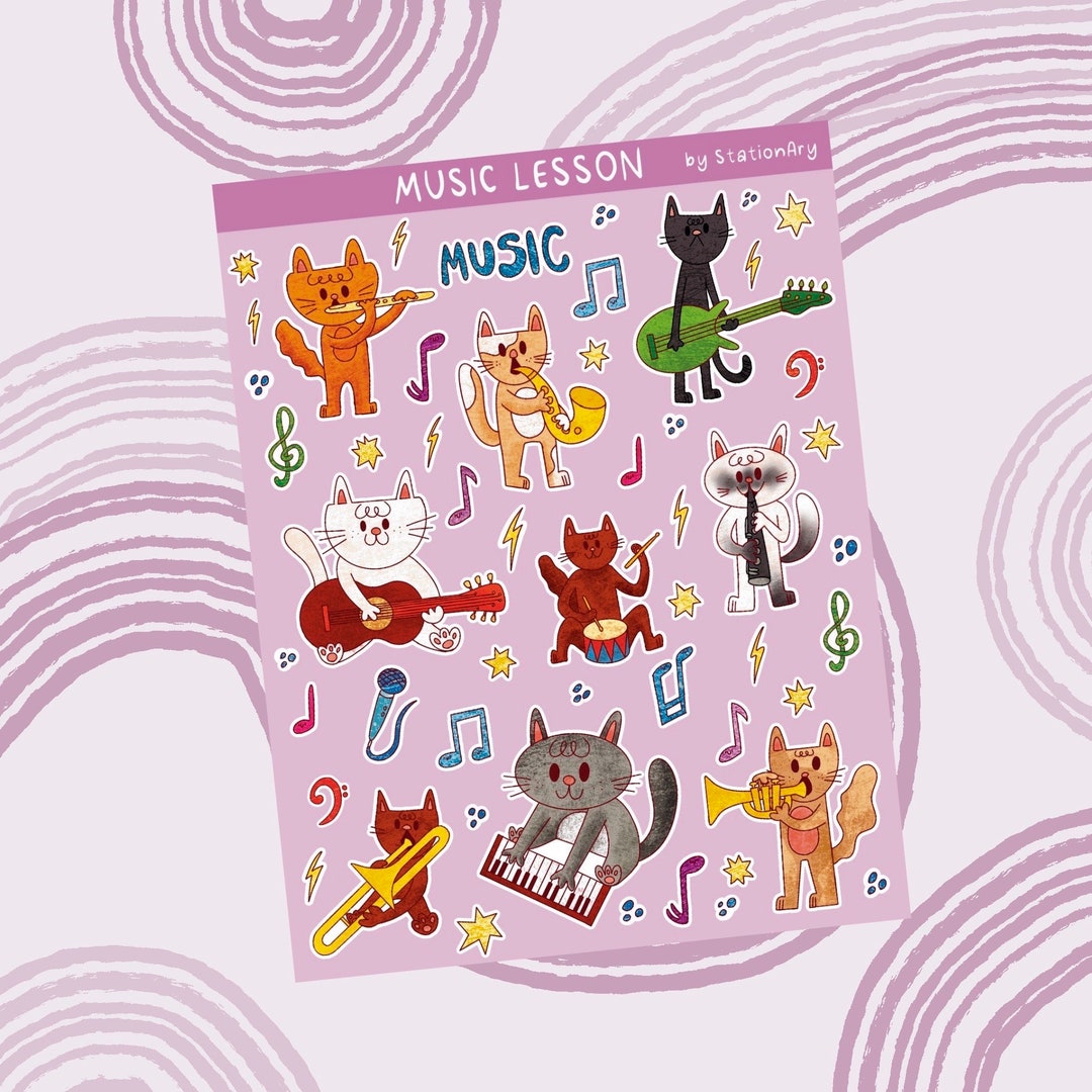 Cat Music Lesson Sticker Sheet Cats Playing Sticker Sheet - Etsy
