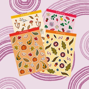 Seasons sticker sheet , summer , autumn , spring , winter , flowers, mushrooms, leaf, plants