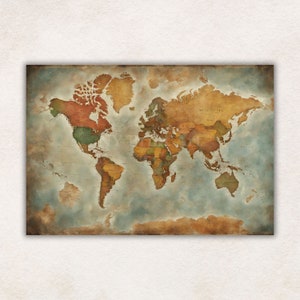 Carte du monde vintage imprimable, affiche de carte du monde, art de carte du monde, carte du vieux monde, art mural téléchargeable rustique