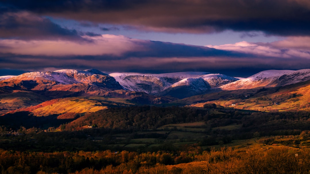 Colorful Sunset Snow Capped Mountains in Kentmere, Lake District Art