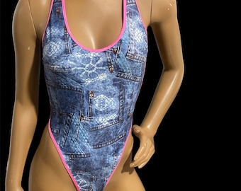 Blue Jean One Piece W Elastic String: Swimsuit , Poolwear, Sexywear, Elastic thong bottom Trendy Beachwear for a Fashion-Forward Summer Look