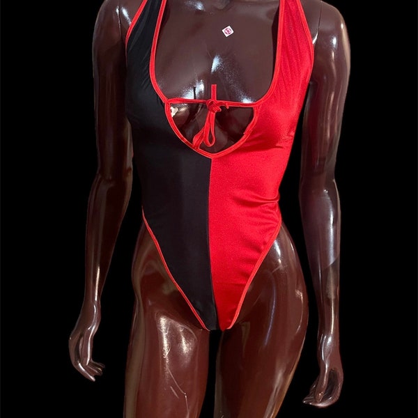 One Piece Open Back Elastic String Bodysuit |  black a red monokini | black and red swimsuit | black and red cutout swimsuit |