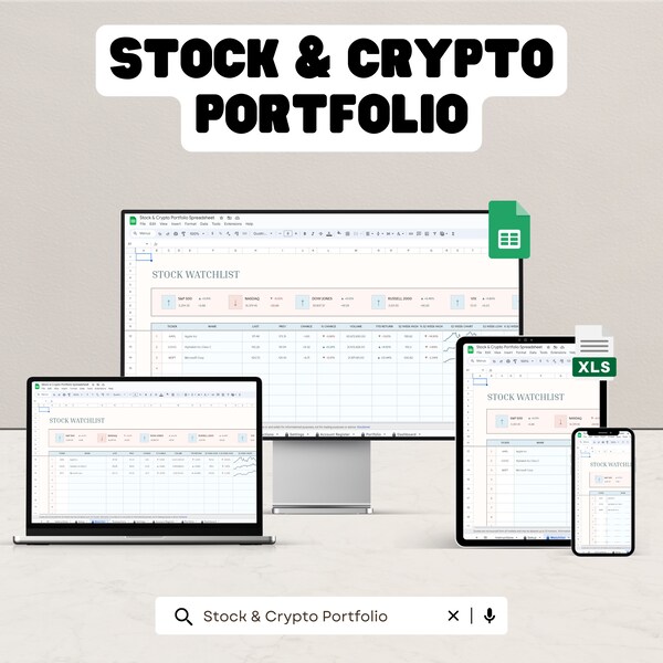 Stock Crypto Portfolio Tracker Personal Finance Spreadsheet ETF Trading Journal Stock Portfolio Spreadsheet Market Analysis Spreadsheet ROI