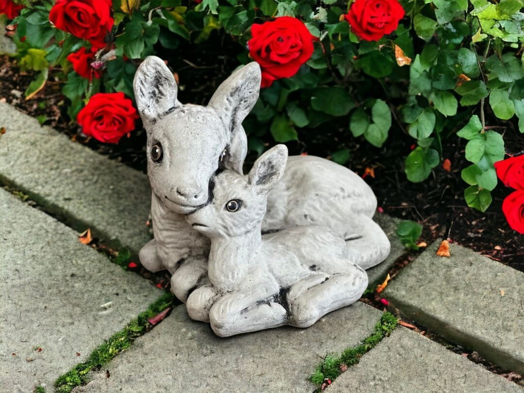 Fawn Deers Statue Concrete Fawn Friends Figurine Outdoor Etsy