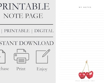 My Notes Page | with Watercolor Cherry | Printable Note Page | Digital DOWNLOAD