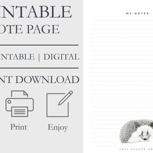 My Notes Page | with Sweet Hedgehog | Printable Note Page | Digital DOWNLOAD
