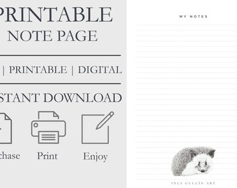 My Notes Page | with Sweet Hedgehog | Printable Note Page | Digital DOWNLOAD