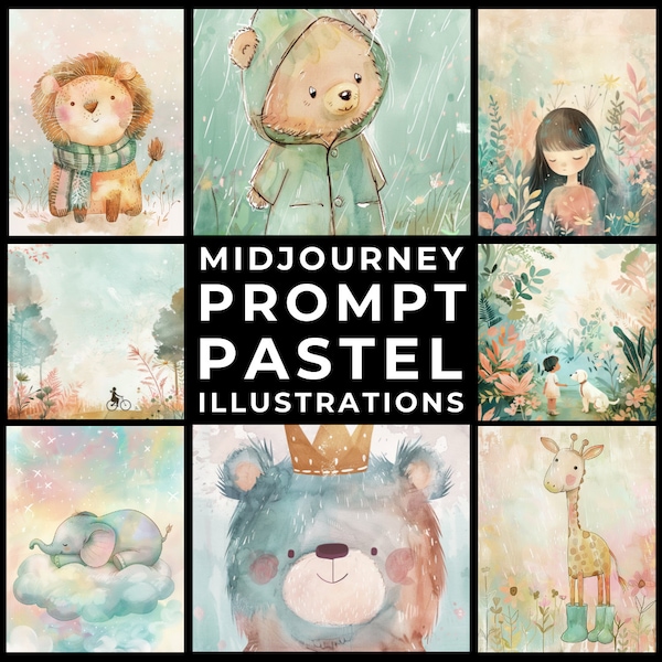 Midjourney Prompts+Images: Soft Pastel Watercolor Nursery Illustrations, Nursery Watercolor, Custom Baby Art, Pastel Nursery Decor Baby Room