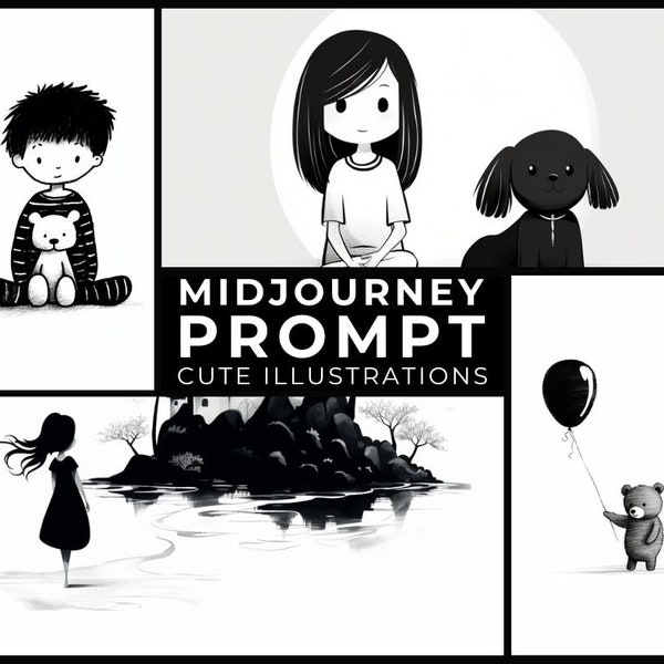 Midjourney Prompt:  Cute Black & White Minimalist Illustrations, Perfect for Children's Books and Decor, Custom Illustrations, Free Images