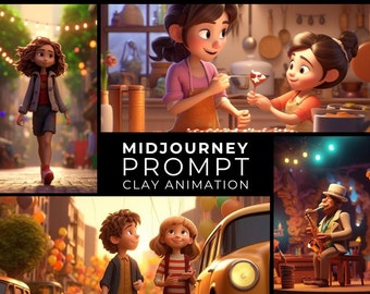 Midjourney Prompt+Images: 3D Clay Animation Illustration, 3D Image, Character Design, Scene Creation, Customizable, Instant Download, Pixar