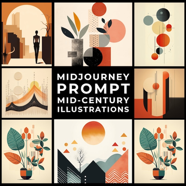 Midjourney Prompt+Images: Mid-Century Modern Hand-Drawn Illustration, Custom Vintage Retro Design, 50s and 60s Style Art, Home Decor Art