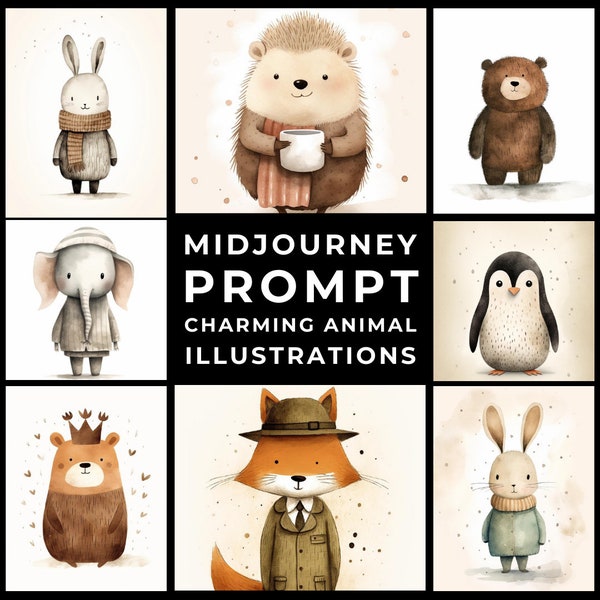 Midjourney Prompt+Images: Charming Hand-Drawn Animal Illustrations, Nursery Decor, Hand Drawn Animals, Kids Room Decor, Unique Wall Art