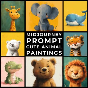 Prompts+Images de Midjourney: lindas pinturas minimalistas de animales, ilustraciones y decoración de animales para guarderías, dibujos de animales, ilustraciones de mascotas personalizadas