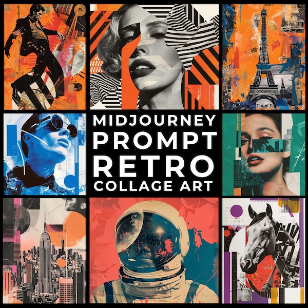 Midjourney Prompt+Images: 1960s Postmodern Collage Poster, Custom Retro Wall Art, Vintage Art Design, Personalized Poster, Retro Home Decor