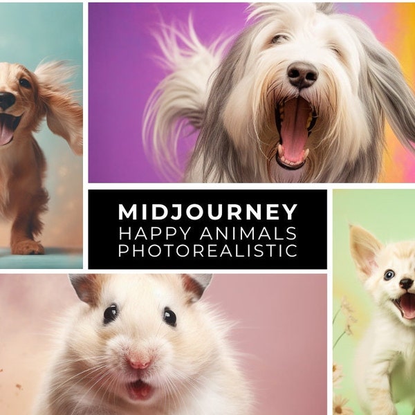 Midjourney Prompt, Photorealistic Animal Portraits, Happy Animals, Professional Ai Wall Art, Poster Design, Book Illustr., Instant Download