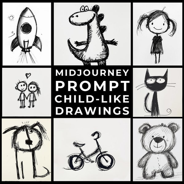 Midjourney Prompts+Images: Black & White Naive Art Childlike Drawings Sketches, Custom Black and White Art, Naive Stickers, Home Decor Art