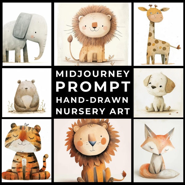 Midjourney Prompts+Images: Hand-Drawn Animal Illustrations for Nursery Decor & Gifts, Nursery Animal Art, Hand-Drawn Animals, Nursery Decor