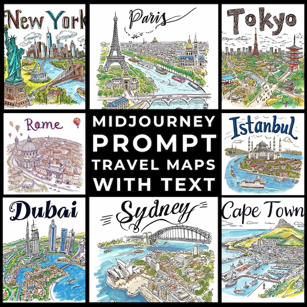Midjourney Prompts+Images: Hand-Drawn Sketchnote Travel Map Poster - Personalized City & Text, Custom City Map, Map Art, Sketchnote City Map
