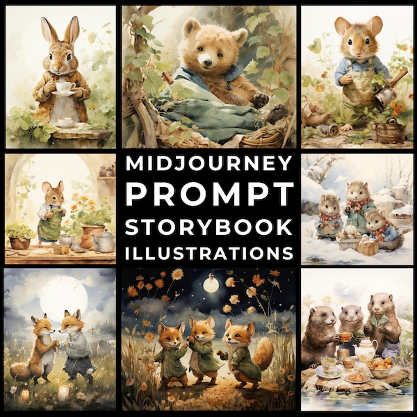 Midjourney Prompt+Afbeeldingen: Dierenkinderverhalenboekillustratie, kinderkunst, kinderkamerdecor, kinderkamermuurkunst, Beatrix Potter-stijl
