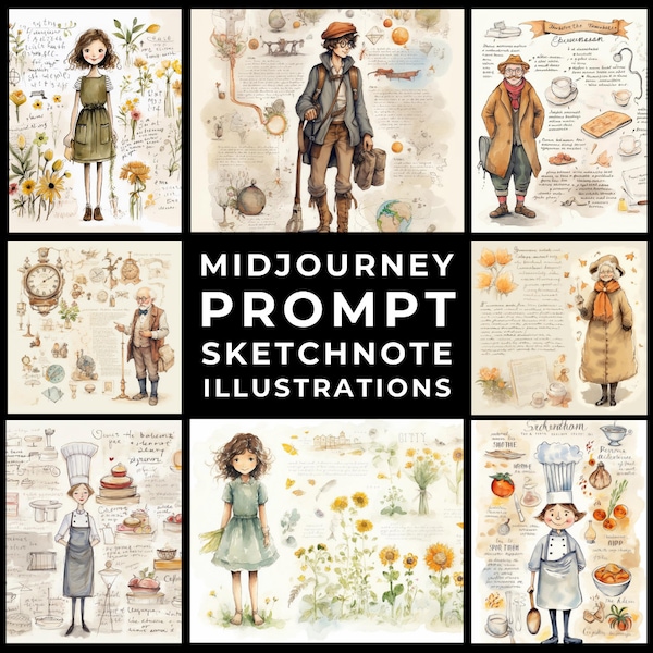 Midjourney Prompt+Images: Enchanting Dreamy Sketchnote Art - Nostalgic and Warm Illustrations, Unique Custom Decor/Wall Art, Nostalgic Art