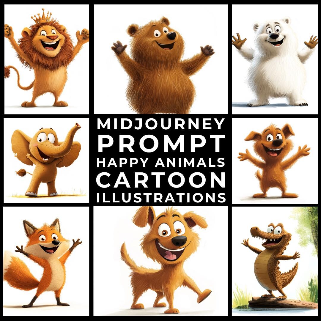 Midjourney Promptsimages Happy Animal Illustrations, Retro Cartoon