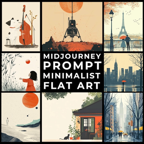 Midjourney Prompt+Afbeeldingen: minimalistische muurkunst, elegante platte illustraties, op maat afdrukbaar kunstdecor, moderne kunstwerken, platte ontwerpkunst