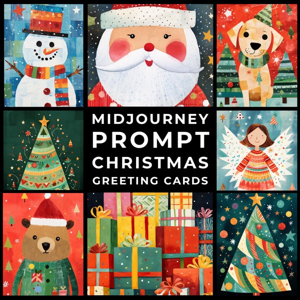 Midjourney Prompt+Images: Whimsical Children's Christmas Cards, Paper Cut-out Collage, Kid's Festive Greeting Card, Custom Holiday CheerCard