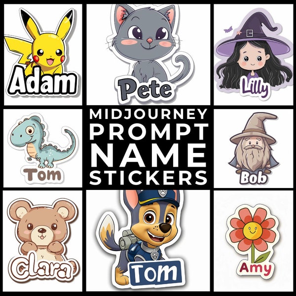 Midjourney Prompt+Images: Custom Cute Name Vector Stickers, Personalized Name Stickers, Name Decal, Cute Sticker Art, Kids Name Labels