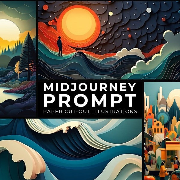 Midjourney Prompt+Images: Modern Paper Cut-Out Illustration, Digital Illustration, Custom Art Creation, AI Art Generator, Free Examples