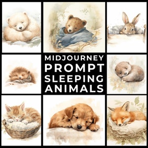 Midjourney Prompt+Images: Nostalgic Sleeping Animal Illustrations, Custom Baby Shower Gift, Personalized Nursery Decor, Vintage Style Art