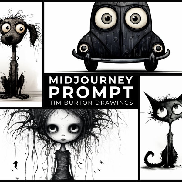 Midjourney Prompt: Stick Figure Drawings in Tim Burton's Style, Monochrome Art, Stick Figure Art, Black & White Drawings + Free Images