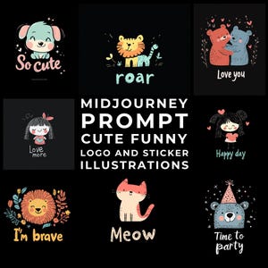 Midjourney Prompts+Images: Ilustrações de logotipos e adesivos fofos e divertidos, design de logotipo infantil, ilustração caprichosa, adesivo em tons pastel