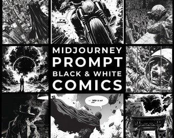 Midjourney Prompts+Images: Black & White Comic Book Page with Text, Custom Hyper-Detailed Comic Book Art, Personalised Gritty Comic Art