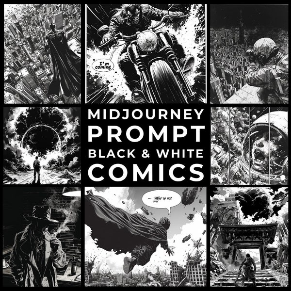 Midjourney Prompts+Images: Black & White Comic Book Page with Text, Custom Hyper-Detailed Comic Book Art, Personalised Gritty Comic Art