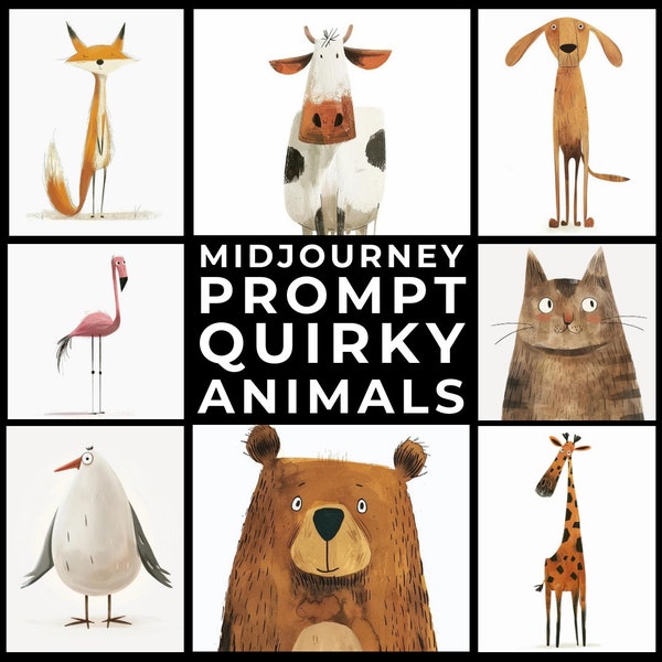 Midjourney Prompts+Images: Quirky Animal Illustrations, Cute Animal Art, Cute Animal Drawing, Children's Room Nursery Decor, Animal Artwork