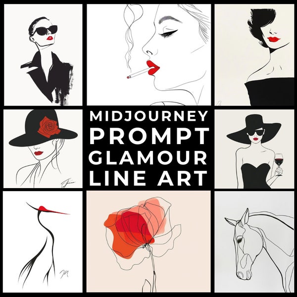 Midjourney Prompt+Images: Minimalist Haute Couture Wall Art, "Black & White" Glamour Line Drawings, Minimalist Wall Art, Fashion Wall Art