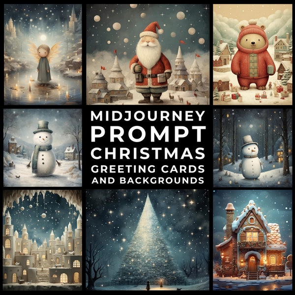 Midjourney Prompt+Images: Enchanted Christmas Greeting Cards & Backgrounds, Custom Festive Artwork, Unique Christmas Cards and Illustrations