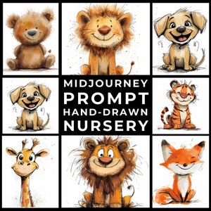 Midjourney Prompts+Images: Hand-Drawn Animal Art Watercolor Illustration for Nurseries, Stickers & Books, Baby Shower Gift, Custom Decor