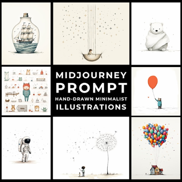 Midjourney Prompt+Images: Minimalist Hand-Drawn Charming Illustrations, Personalized Hand-Drawn Art for Kids, Custom Prints, Nursery Decor