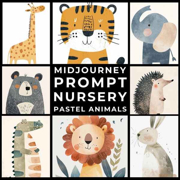 Midjourney Prompts+Images: Pastel Nursery Animal Illustrations, Baby Shower Gift, Nursery Decor Wall Art, Children's Room Poster, Animal Art