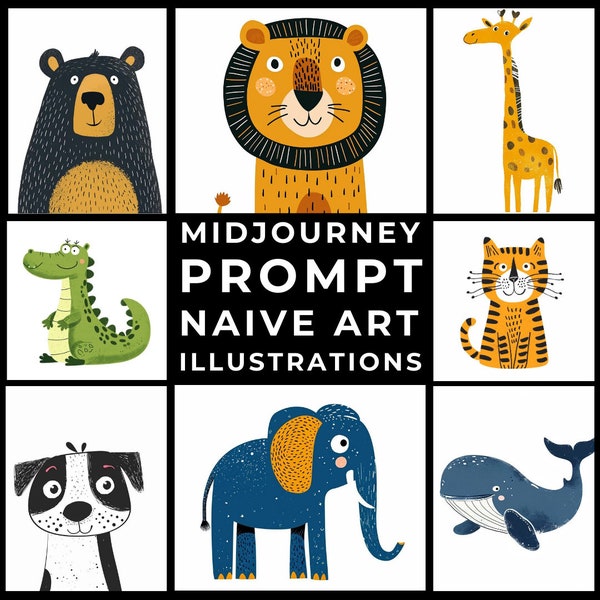 Midjourney Prompts+Images: Naive Animal Art for Nursery Illustrations, Children's Books Art, Personalized Stickers, Printable Animal Art