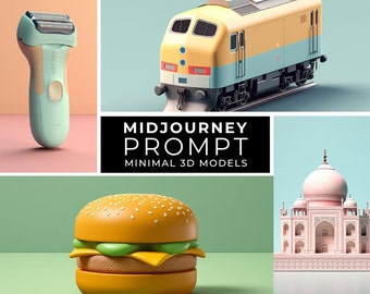 Midjourney Prompt+Images: Minimalistic Hyper-realistic 3D Models, Personalized Artwork, 3D Design Illustrations, Printable Art, Custom