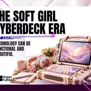 May include: A custom cyberdeck computer with a light pink and cream chassis, featuring a mechanical keyboard with pastel keys, a screen displaying a sunset and cherry blossoms, headphones, a notebook, a pen, and a small potted plant.