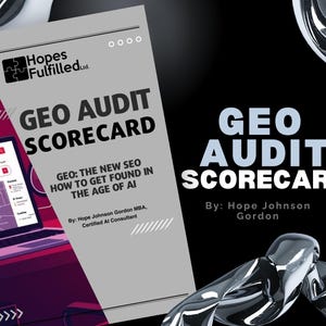 May include: A promotional image for a GEO Audit Scorecard. The design features the title "GEO AUDIT SCORECARD" in large white and blue text. The image also includes the text "GEO: THE NEW SEO HOW TO GET FOUND IN THE AGE OF AI".