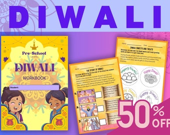 May include: A colorful workbook for preschoolers about Diwali, the Hindu festival of lights. The cover features two children in traditional Indian clothing, with the title "Diwali Workbook" in bold letters. The workbook includes activities such as coloring, tracing, and writing.
