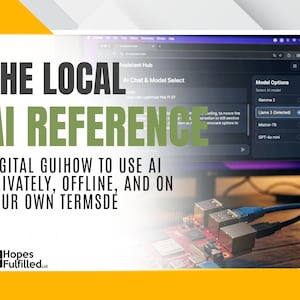 Könnte beinhalten: Ein digitaler Leitfaden mit dem Titel THE LOCAL AI REFERENCE: DIGITAL GUIHOW TO USE AI PRIVATELY, OFFLINE, AND ON YOUR OWN TERMSDE. Das Bild zeigt einen Computermonitor mit einer KI-Chat-Oberfläche und eine Leiterplatte mit einem blauen Ethernet-Kabel.
