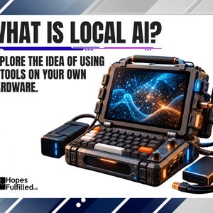 Può includere: Un computer portatile robusto dai toni scuri con tastiera meccanica, accenti arancioni e uno schermo che mostra motivi luminosi blu e arancioni. Testo: WHAT IS LOCAL AI? EXPLORE THE IDEA OF USING AI TOOLS ON YOUR OWN HARDWARE. Hopes Fulfilled Ltd.
