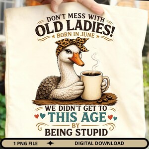 Peut inclure: Un sac fourre-tout couleur crème avec une illustration d'une oie portant un foulard à motif léopard et tenant une tasse de café fumante. Le texte indique : DON'T MESS WITH OLD LADIES! BORN IN JUNE WE DIDN'T GET TO THIS AGE BY BEING STUPID.